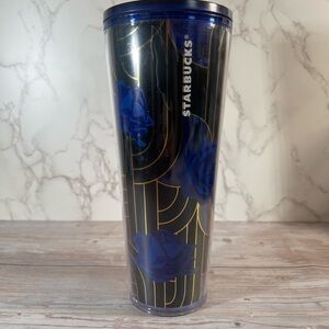 Starbucks Tumbler Straw Cobalt Blue & Gold Rose 24Oz Venti Cold Cup Art Deco